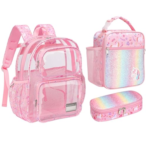 Clear Backpack for Girls 3 in 1 Set – 15 Inch Transparent Bookbag with Lunch Bag & Pencil Case, Pink Unicorn