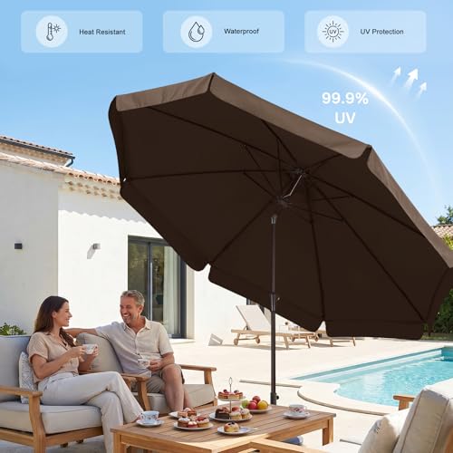 Image of ABCCANOPY 9ft Scalloped Patio Umbrella, Outdoor Table Umbrella with Tilt and Crank, Fiberglass Ribs Deck Umbrella for Patio, Pool, Garden, Picnic (Brown)