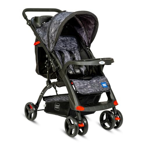 Image of Mee Mee Easy to Push Baby Stroller Pram with Quick One Hand Folding | Comfortable Seating | Fully Rotating Wheels | Feeding Tray for New Born Baby /Kids, 0-4 Years, Grey