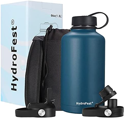 HydroFest Insulated water bottle 64 oz with Straw Lid, Wide Mouth Double Wall Insulated Stainless Steel Thermos Water Flask with Straw and Bottle Holder,Cold for 48 Hrs Hot for 24 Hrs-Cobalt
