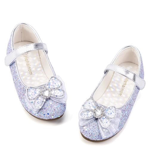 Hehainom Toddler Dress Shoes Mary Jane Ballet Flats Sparkly Bow Little Kid Girls Wedding Party Shoes