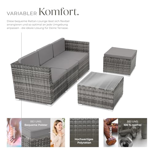 tectake® Poly Rattan Lounge, Outdoor Sitzgruppe, Set mit Sofa Sessel, Hocker, Tisch, frei kombinierbar, Sitzecke für 3-4 Personen… – Ansicht 3