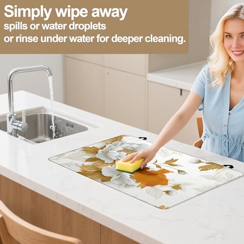 Stove Top Covers for Electric Stove,Vintage Peony White Gold Flower Glass Top Cover Non-Stick Kitchen Pad for Gas Cooktop Washable Countertop Protector Mat Keep Stove Clean 28.5'' x 20.5'' by DLLD - Used condition - Image 4