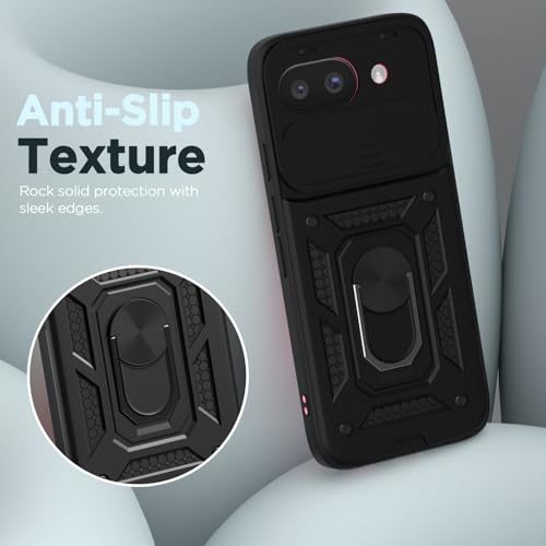 Image of Pikkme Back Cover for Google Pixel 9A | 360 Protection Case | Sliding Camera Shield Cover & Ring Holder Stand D10 Tough Armor Bumper Case (Black)
