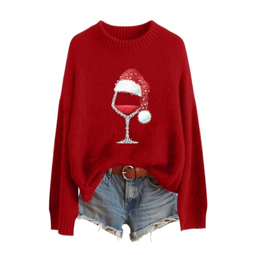 Suéteres de Navidad para mujer, divertidos suéteres de punto con lentejuelas de Navidad, holgados, cuello redondo, novedoso, suéter de Navidad, suéteres acogedores, lindos suéteres de punto festivos