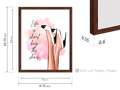 Image of Poster Master Life is Short Buy The Shoes Poster - Fashion Print - Trendy Art - Modern Art - Gift for Her & Fashionista - Luxury Haute Couture Decor for Bedroom or Girls Room, 8x10 Brown Framed