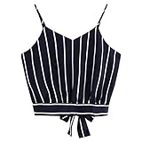 Damen Sommer Oberteile,Elegant Gestreift Drucken Rückenfrei Ärmellose Bluse Vest Tank Top Weste Back Tie Up Shirt Cami Trägertop Camisole Kurz Trägershirts Halfter Off Shoulder Streewear (S, Marine)