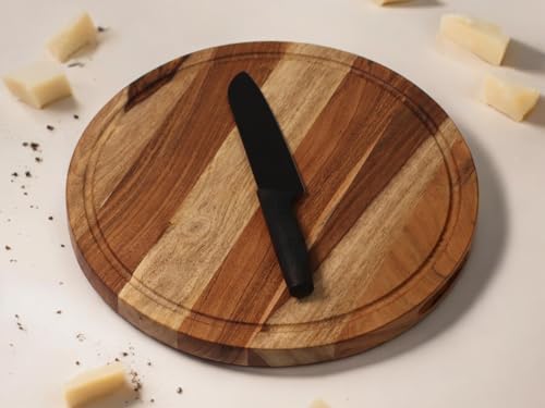 Image of Vesta Homes Wooden Round Chopping Board, Cutting /Serving Board, Charcuterie, and Cheese Board for Kitchen | Natural Acacia Wood | 38 x 38 x 2.5 cms | Handcrafted in India