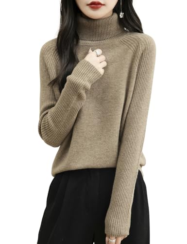 Chanyarn Dames 100% merinowol coltrui 2024 herfst winter warme zachte lange mouwen elegante gebreide trui, tan, L