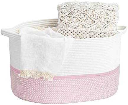 INDRESSME XXX Large Rope Basket Woven Storage Basket Pillow, Blanket Basket Pink Laundry Basket, Oblong Design, Pink