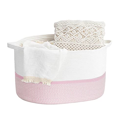 Indressme Xxx Large Rope Basket Woven Storage Basket Pillow, Blanket Basket Pink Laundry Basket, Oblong Design, Pink #TOP3