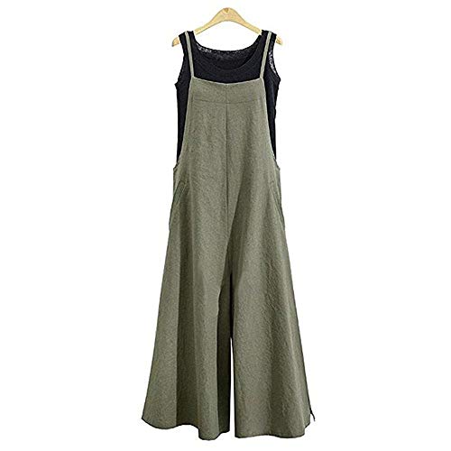 Women's Baggy Plus Size Overalls Cotton Linen Jumpsuits Wide Leg Harem Pants Casual Rompers (A-Suspender Green, Medium)