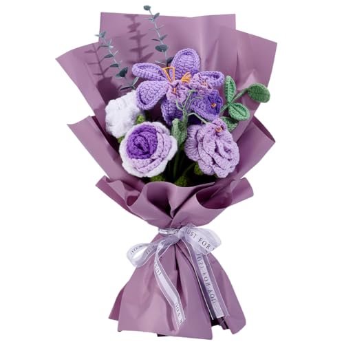 INFUNLY Crochet Rose Bouquets Purple Tulips Bouquet Handmade Crochet Flowers Artificial Flowers Finished for Women Girls Gifts Knitted Yarn Floral for Mother's Day Birthday Home Decor
