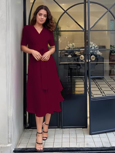 Image of Comfortable Dresses for Women Stretchy Flattering Fit Wrap Dress V Neck Short Sleeve Tie Waist Daily Wear Work Vacation