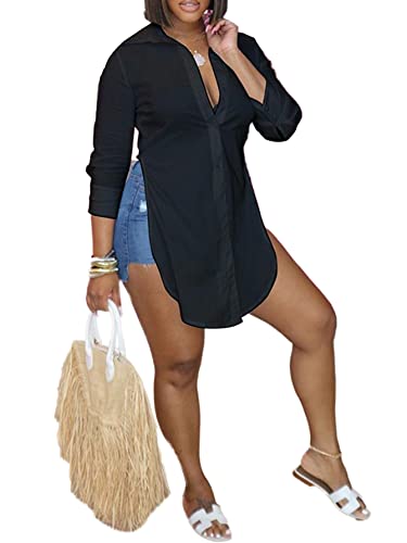 Lyaner Women's Collar V Neck Button Front Long Sleeve Slit Hem Long Shirt Blouse Tops Black Xx-Large #TOP15