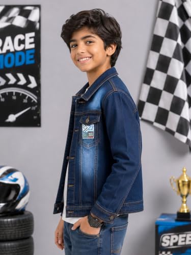 Image of KiddoPanti Boys Denim Jacket | Cotton Poly Blend with Spandex | Washed Denim, Full Sleeve | Button Closure & Front Flap Pockets | Collared Neck