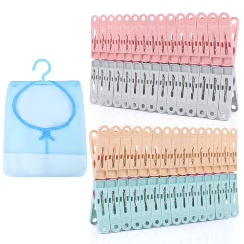 TIECHI 60PCS Pegs for Washing Line with Peg Bag 4 Colors Washing Line Pegs Plastic Laundry Clips for Indoor Outdoor Drying Home Garden Essential