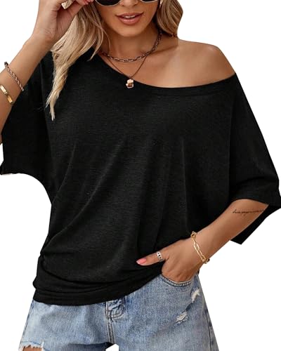 Hilinker Womens Sexy Off The Shoulder Tops Short Batwing Sleeve T Shirt Oversized Casual Tee