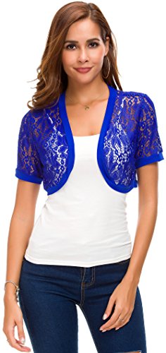 Tandisk Women Short Sleeve Floral Lace Shrug Open Front Bolero Cardigan (L, Y- Lace Blue)