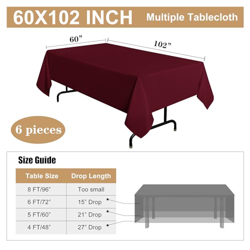 Image of sancua 6 Pack Burgundy Tablecloth 60 x 102 Inch, Rectangle Table Cloth for 6 Feet Tables - Stain and Wrinkle Resistant Washable Polyester Table Cover for Dining Tables, Buffet Parties and Camping