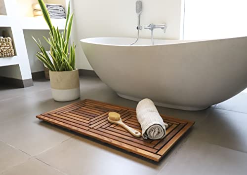 Nordic Style Teak Shower, Bath and Spa Mat | Indoor + Outdoor Use | Non-Slip Wood Platform | Spa, Sauna, Pool, Hot Tub | Luxury Decor (Oiled Finish, 40" x 20")