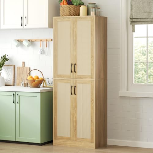 Image of JASIWAY Kitchen Pantry Cabinet, 67" Tall Rattan Storage Cabinet with Doors and Adjustable Shelves, Wooden Linen Pantry Cupboard for Small Spaces Laundry Room Bathroom, Food Snack Towels Storage, Oak