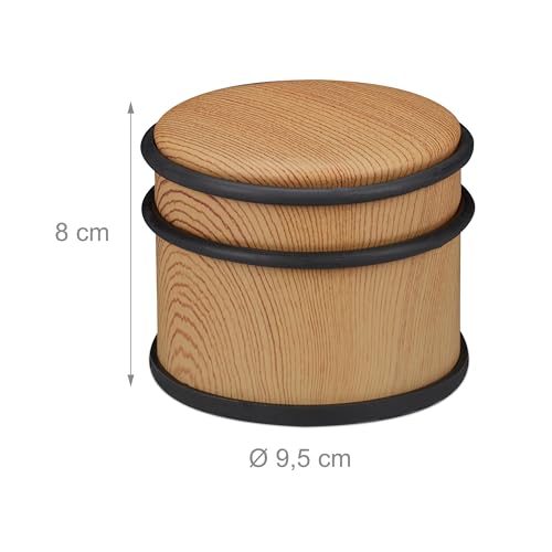 Relaxdays Türstopper 2er Set, schwere Türen & Fenster, Edelstahl & Gummi, Holzoptik, hoher Bodenpuffer, ∅ 9,5 cm, braun