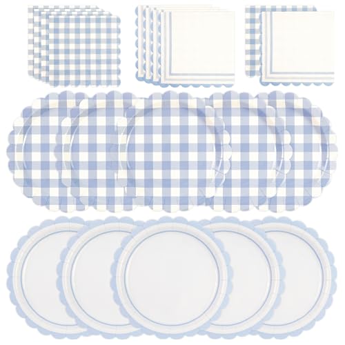 HiEnjoin Lot de 48 assiettes et serviettes en carton vichy bleu à bord ondulé - Assiettes jetables en papier avec motif à carreaux - Assiettes décoratives...