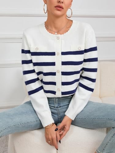 Women's Crew Neck Striped Cardigan Sweater Button Down Sweater2