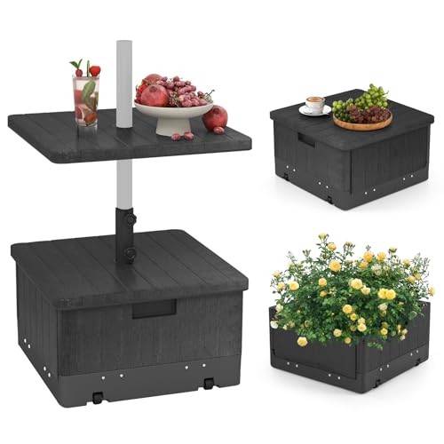 Tangkula 3-in-1 Patio Umbrella Base, 175 LBS Moveable Umbrella Stand w/Table Tray & Weighted Bag, Side Handles, HDPE Frame, 2 Pole Adapters, Garden Coffee Table Planter Box (Black)