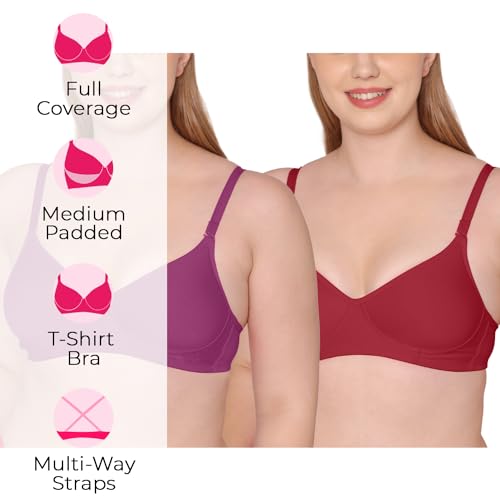 Image of Tweens - Medium Padded Cotton Rich Bra - Full Coverage, Seamless, Multiway Straps, Wirefree Everyday T-Shirt Bra (Pack of 2)