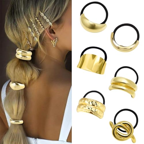 JYNXOR 6 Pezzi Elastico per Capelli in Metallo, Elastici per Capelli Dorati da Donna, Fasce Elastico Capelli in Metallo, Elastici Capelli Donna, Accessori per Capelli a Coda di Cavallo per Donne (Oro)