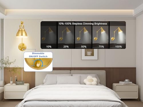 Image of GOODATE 2 Pack Plug in Wall Sconces, Dimmable On Off Switch, Swing Arm Wall Lamps, Wall Sconces Set of Two, Gold Metal Industrial, Plug-in or Hardwired (Gold, Without Bulbs+Remote)