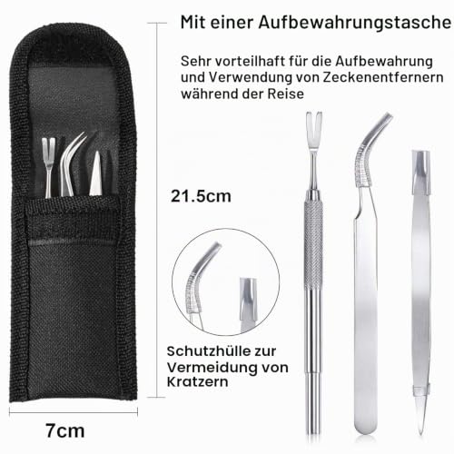 EasyULT Edelstahl Zeckenentferner Set[3 Stück], Zeckenzange Zeckenpinzette Zeckenhaken, Zeckenentfernung fur für Mensch, Hunde, Katzen(mit Aufbewahrungstasche)