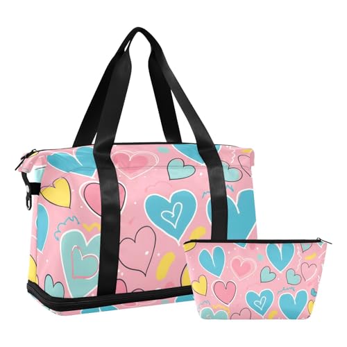 ALAZA Sports Duffel Bags with Toiletry Bag Set,Love Heart Pattern Travel Duffel Bags Multi Pockets Weekend Bag2