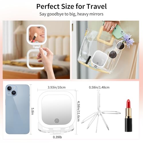 FUNTOUCH Rechargeable Travel Makeup Mirror, 30X/1X Rechargeable Double Sides Magnifying Mirror with 3 Light Settings & Adjustable Brightness,Compact Mirror with PU Bag Valentine's Day Gift, White — view 2
