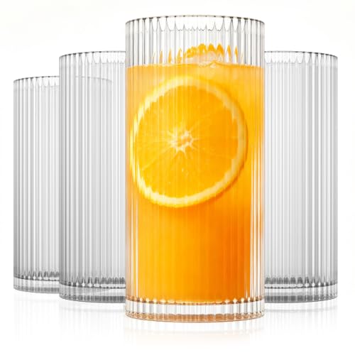 INSETLAN Glass Cups Vintage Glassware Set of 4 Large, Origami Style Transparent Cocktail Glasses Set, Bar Beverages Ice Coffee Cup Juice Ripple Drinkware, 370ml (L)