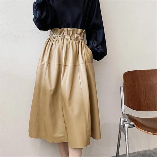 Women Leather Elastic Waist Pleated Skirt Solid Elastic Waist with Pocket Casual Skirt2