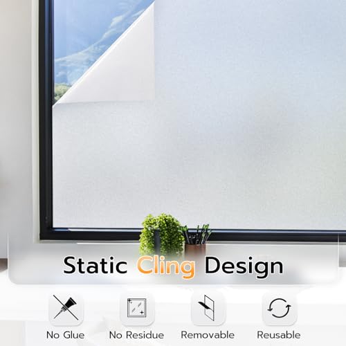 Lute Window Privacy Film, Frosted Glass Window Film For Bathroom, Static Cling Removable Heat Control Window Coverings, Non Adhesive Opaque Door Sticker For Home Office thumb #4