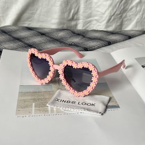 Image of Kids Heart Shaped Valentines Day Cute Flower Sunglasses for Toddler Girls Age 3-10 Outdoor Beach Eyewear UV400