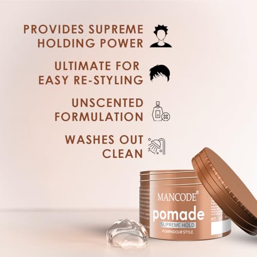 Image of Mancode Hair Styling Pomade Wax for Men- 100ml | Supreme Hold, Glossy Finish, Non-Greasy, Water-Based Formula | 24-Hour Flexible Hold | Strong & Long-Lasting | All Hair Types