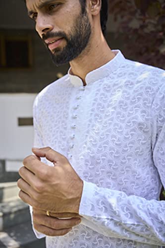Image of See Designs Mens Kurta - Cotton Regular Fit Embroidered Mandarin Collar Chikankari Kurta