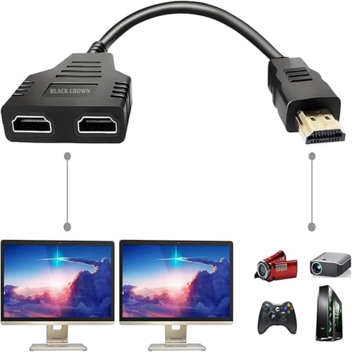 Image of BLACK CROWN HDMI Cable Splitter, HDMI 1x2 Splitter Cable, HDTV 1 in 2 Out HDMI Converter Adapter, HD-MI Male HD-MI to Dual Female 1 to 2 Way for PC,Gaming Consoles, HD, LED, LCD, TV. Black (PACK OF 5)
