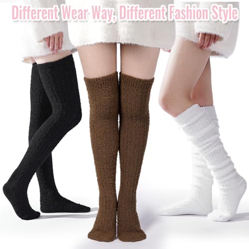 Image of Moon Wood Womens Thigh High Socks Long Soft Warm Leg Warmers Fuzzy Over Knee High Stockings Coral Fleece Plush Socks