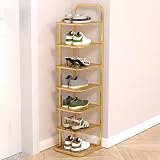 Zapatero vertical multicapa – Diseño moderno de metal que ahorra espacio, mini zapato deportivo portátil blanco (dorado 44.1 x 10.6 x 1) – Ideal para espacios pequeños