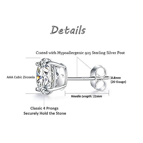 Sterling Silver Stud Earrings for Women Girls Men, Hypoallergenic Cubic Zirconia CZ Studs Small Round Simulated Diamond Earrings Cartilage Tragus Helix Earrings Set(2mm 3mm 4mm 5mm)3