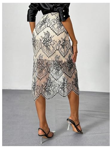 Floerns Women's Elegant Lace Overlay Asymmetrical Hem High Waist Pencil Midi Skirt2