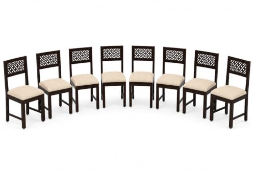 Image of Solid Sheesham Wood Dining CNC Chair for Living Room & Dining Room | Wooden Chair with Upholstered Cushion Seat | Handcrafted Carved Backrest | Walnut Finish (Set of 8)
