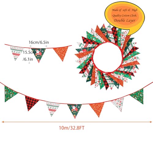 Image of Zwiebeco 32Ft Red Green Christmas Pennant Banner Triangle Flags Fabric Bunting Garland Red-Black Plaid Checkered Cotton Flag for Xmas Birthday Wedding Christmas New Year Party Home Garden Decorations
