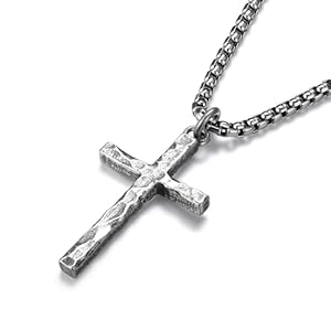 925 Sterling Silver Cross Necklace Men – Oxidized Hammered Cross Pendant with Stainless Steel Box Chain Vintage Unique Crucifix Necklaces Silver Jewelry for Mens Women 18-26 Inches